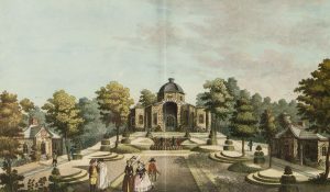 Sanspareil. Der Morgenländische Bau mit Gartenparterre. Kolorierter Stich von Johann Gottfried Kuppel, 1793. (Sammlungen Schloss Birken)